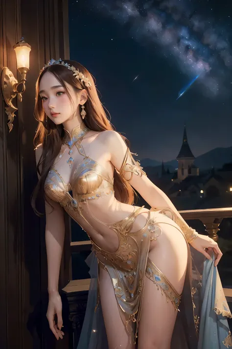 a solo beautiful princess, elegant, detailed, pretty, (rubenesque), (romanesque background), (night sky), elegant detailed dress...