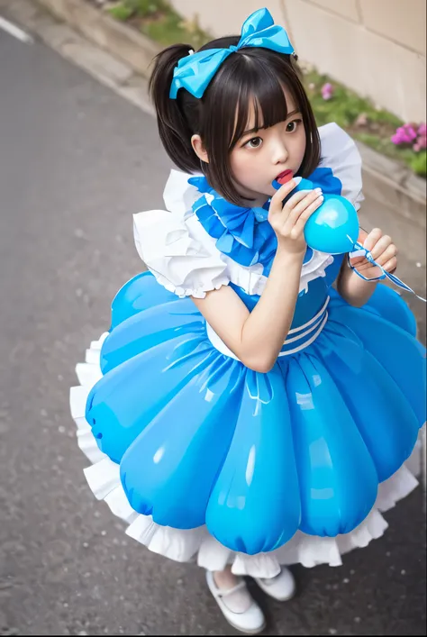 a  girl, ((she is blowing blue balloons)) , real photo, (((full body))), (looking down at me),  bob hair, big ribbon on he hair, (lolita dress), 