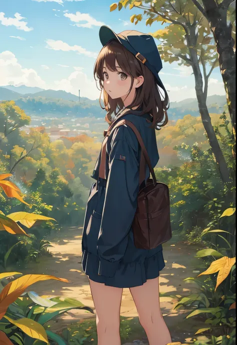  teenage very young girl 、Very short stature， toddler figure ，Dress like an explorer 、 hat like an explorer 、Brown Hair、 Her hair is medium length and curly、In the autumn jungle、 fall leaves for vaginal discharge，tree漏れ日のイメージ、8k、 in the autumn jungle 、 heading into the forest 、From the back、cute、 the sunlight shines through 、 woman looking from the side 、tree々 The woman is slightly far away 、 looking at a woman from a distance 、 shorts、 looking up at the sky 、 alone in the distance 、 pretty far 、Landscape painting