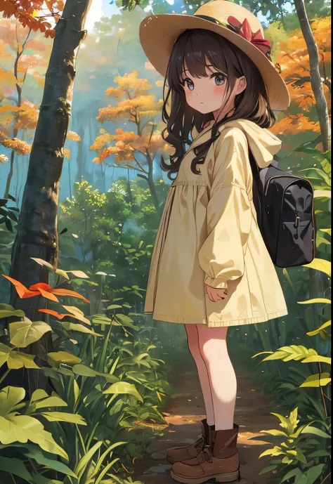  teenage very young girl 、Very short stature， toddler figure ，Dress like an explorer 、 hat like an explorer 、Brown Hair、 Her hair is medium length and curly、In the autumn jungle、 fall leaves for vaginal discharge，tree漏れ日のイメージ、8k、 in the autumn jungle 、 hea...