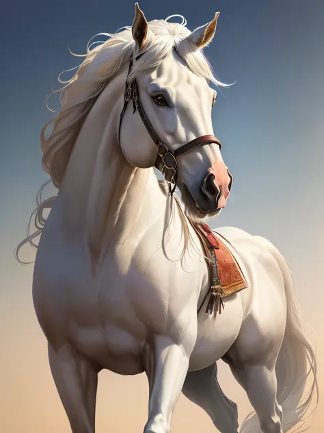 there is a drawing of a horse with a long mane, Arab, horse, beautiful serene horse, Handsome beautiful and realistic  , a silver-white painting, digital horse, beautiful horse, Airbrush illustration, HD illustrations, Flowing mane,  drawn in Photoshop , w...