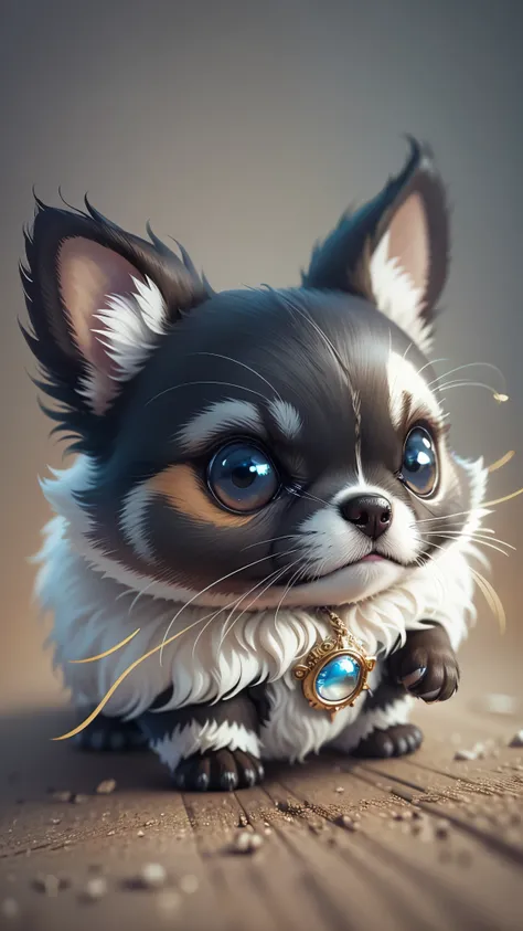 Cute little surreal puppy dog ​​with multicolored eyes wearing a necklace. Chibi, adorable and fluffy, logo design, cartoon, cinematic lighting effect, charming, 3D vector art, cute and quirky, fantasy art, bokeh, hand drawn, digital painting, soft lightin...