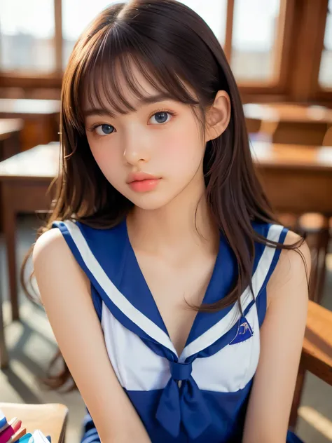 ((masterpiece, highest quality, High resolution)), 1 girl, (Realistic: 1.4), Beautiful face, Beautiful Hair, Beautiful eyes, Glowing Skin, , Sailor suit, classroom, Sit on a desk, Side angle, sunshine, Backlight, Professional photographer photography