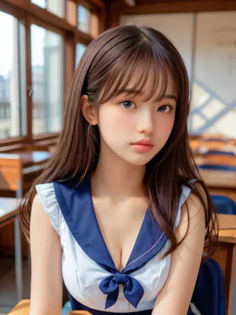 ((masterpiece, highest quality, High resolution)), 1 girl, (Realistic: 1.4), Beautiful face, Beautiful Hair, Beautiful eyes, Glowing Skin, , Sailor suit, classroom, Sit on a desk, Side angle, sunshine, Backlight, Professional photographer photography, clea...
