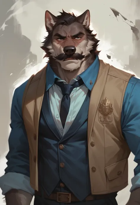 hairy wolf,  broken black mustache on the face ,  
western vest suit ,  anthropomorphic wolf High resolution, 