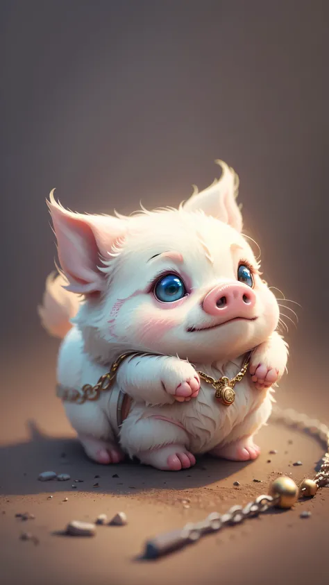 Cute little surreal pig with multi-colored eyes wearing a necklace. Chibi, adorable and fluffy, logo design, cartoon, cinematic lighting effect, charming, 3D vector art, cute and quirky, fantasy art, bokeh, hand drawn, digital painting, soft lighting, isom...