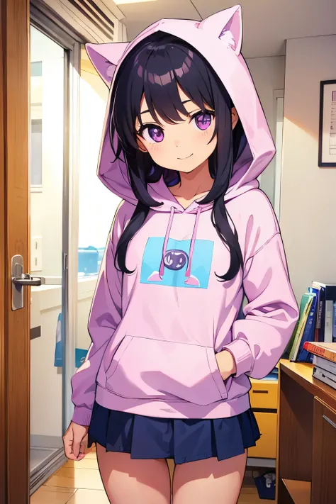  elementary school  toddler flat chest black hair 　long hair　smile　Purple Eyes　（（One person）） pink upper body hooded hoodie standing at the entrance of a condominium　Navy blue denim skirt for lower body　 white panties　（（ I can see my panties））　One-room apa...