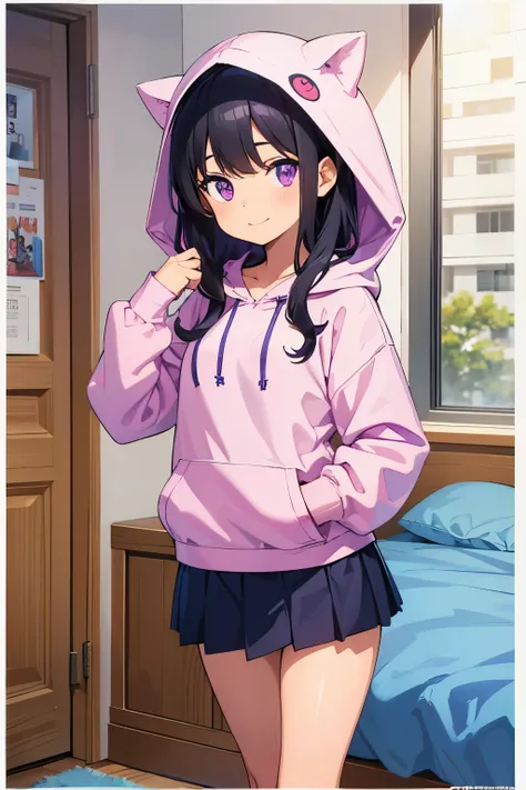  elementary school  toddler flat chest black hair 　long hair　smile　Purple Eyes　（（One person）） pink upper body hooded hoodie standing at the entrance of a condominium　Navy blue denim skirt for lower body　 white panties　（（ I can see my panties））　One-room apa...