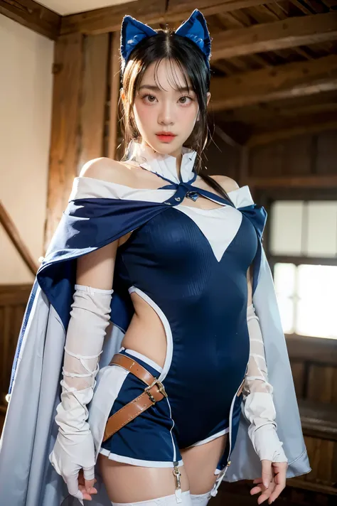 fantasy,1girl umi ryuuzaki hairband headgear, blue armor shoulder armor blue cape elbow gloves leotard white thighhighs,cameltoe,masterpiece,Noise Reduction,perfect anatomy,high resolution, ultra-detailed,game cg,dutch angle ,beautiful detailed eyes,visual...