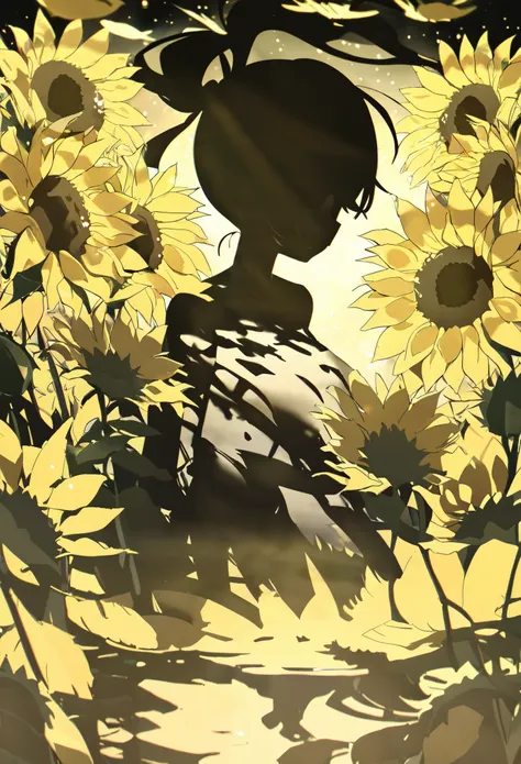 1 girl，a giant sunflower in the hand of a slanted ponytail ，short stature，whole body，silhouette， black background， golden light ...