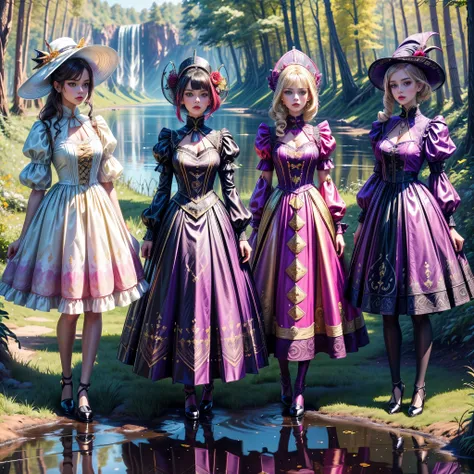 ((full body shot):1.5), a group of women, in elegant Classic Lolita Princess mini Dress,( high waisted short dress :1.2), ((Standing and posing by a forest lake)), Bimbo, ((Warlock style):1.3), (Muticolored:1.4), (Wear dresses of different colors:1.2),Mary...