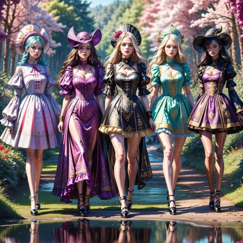 ((full body shot):1.5), a group of women, in elegant Classic Lolita Princess mini Dress,( high waisted short dress :1.2), ((Standing and posing by a forest lake)), Bimbo, ((Warlock style):1.3), (Muticolored:1.4), (Wear dresses of different colors:1.2),Mary...