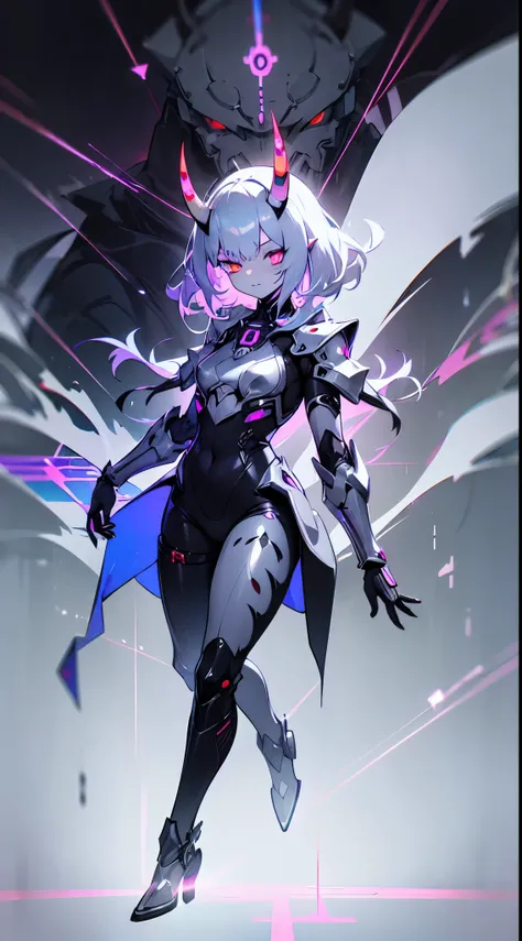 ((full body)),oni, demon girl, intricate circuitry on face, jagged horns, silver hair with pulsating lights, cybernetic, metallic ((chrome skin)), virtual realm nexus, coding realities, mastering the digital realm, detailed face, codeblade, holographic arm...