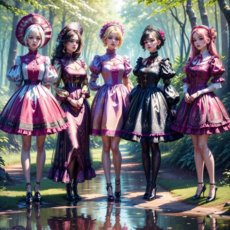 ((full body shot):1.5), a group of women, in elegant Classic Lolita Princess mini Dress,( high waisted short dress :1.2), ((Standing and posing by a forest lake)), Bimbo, ((Arcane style):1.3), (Muticolored:1.4), (Wear dresses of different colors:1.2),Mary ...