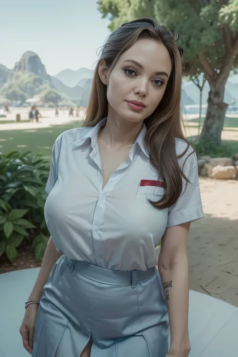 Angelina Jolie, solo, (uniform), standing, outdoors, (ultra wide angle shot: 1.4), beautiful scenery, detailed face, seductive smile, detailed eyes, thick breasts, smooth skin, tight white shirt, grey blue short skirt, looking at the audience, low angle sh...