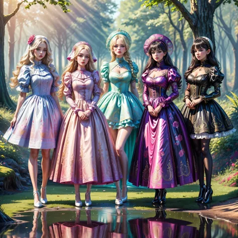 ((full body shot):1.5), a group of women, in elegant Classic Lolita Princess mini Dress,( high waisted short dress :1.2), ((Standing and posing by a forest lake)), Bimbo, ((Shelter style):1.3), (Muticolored:1.4), (Wear dresses of different colors:1.2),Mary...