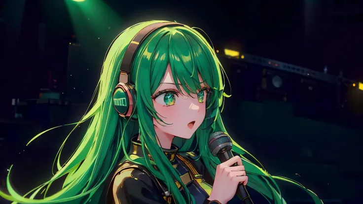 32K,Best Quality、High image quality、film quality、 male and female couple 、a beautiful detailed vocaloid girl with long  Deep Green hair, singing on a futuristic concert stage, wearing high-tech headphones, microphone in hand, ultra-detailed, 8k, photoreali...