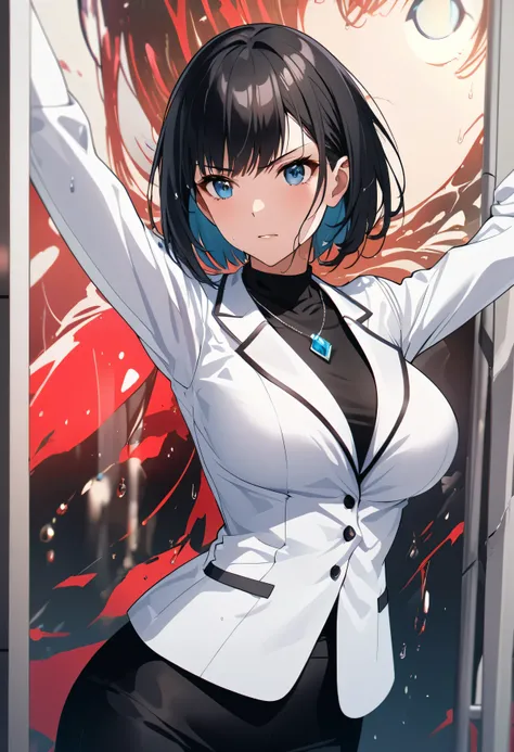 Beautiful girl 、Age 30、Best Quality、Ultra-precision、Detailed drawing、Office District、 acrobatic leap for the camera、Sharpness、White business jacket、slim black slacks、Close to the body、Beautiful big boobs、 bob cut、Vivid colors、 serious look、Slender figure、 ...