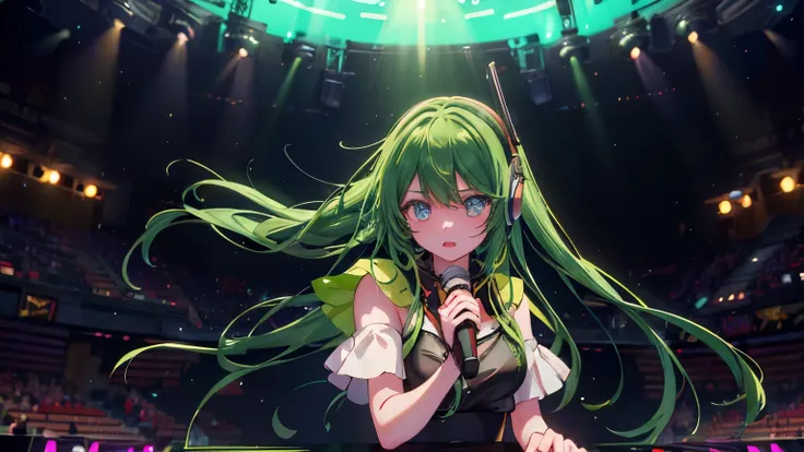 32K,Best Quality、High image quality、film quality、 male and female couple 、a beautiful detailed vocaloid girl with long  DEEGreen hair, singing on a futuristic concert stage, wearing high-tech headphones, microphone in hand, ultra-detailed, 8k, photorealist...