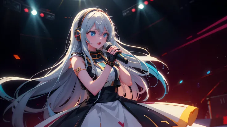 32K,Best Quality、High image quality、film quality、 male and female couple 、a beautiful detailed vocaloid girl with long White hair, singing on a futuristic concert stage, wearing high-tech headphones, microphone in hand, ultra-detailed, 8k, photorealistic, ...