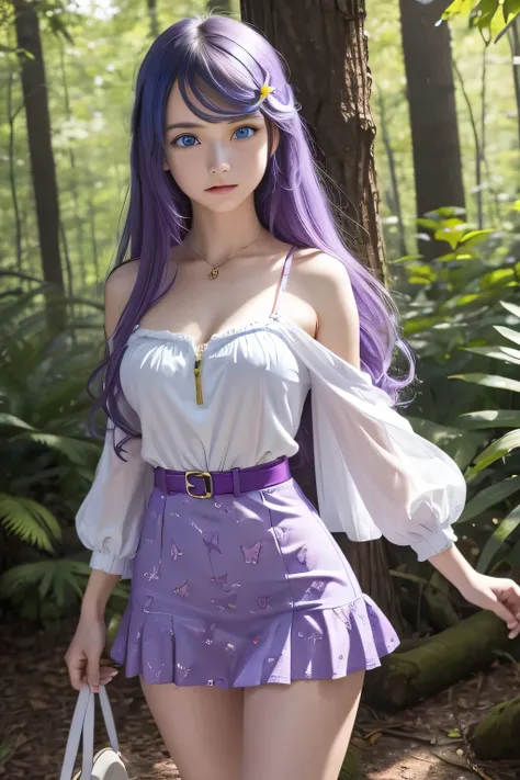 1girl,Anastasia Hoshin,  long hair ,( blue eyes :1.5), CABELLO MORADO, purple hair, CABELLO MORADO, swept bangs,  hair ornament,transparent polyester sundress mini skirt with butterfly print for women with open zipper and straps with strap buckle with draw...