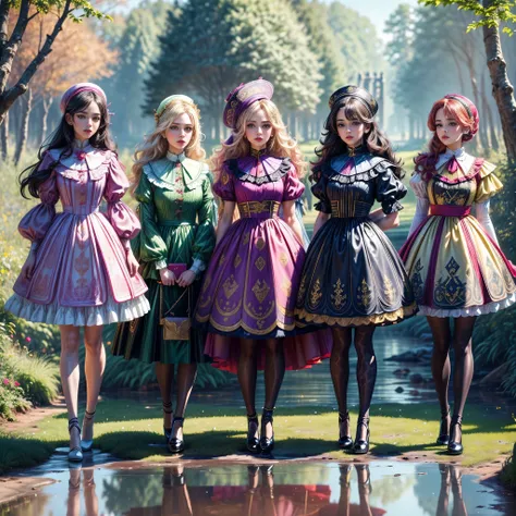 ((full body shot):1.5), a group of women, in elegant Classic Lolita Princess mini Dress,( high waisted short dress :1.2), ((Standing and posing by a forest lake)), Bimbo, ((Hogwarts style):1.3), (Muticolored:1.4), (Wear dresses of different colors:1.2),Mar...