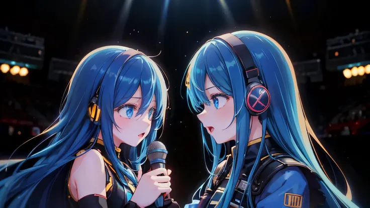 32K,Best Quality、High image quality、film quality、 male and female couple 、a beautiful detailed vocaloid girl with long Blue hair, singing on a futuristic concert stage, wearing high-tech headphones, microphone in hand, ultra-detailed, 8k, photorealistic, c...