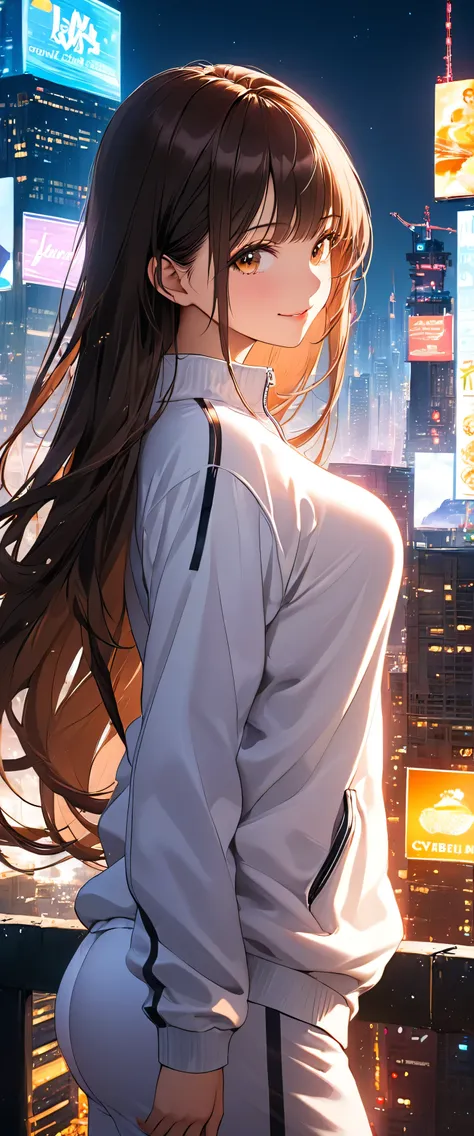 (beautiful girl:1.3),1girl,masterpiece,Highest quality,Ultra-high resolution,rich contrast,super high quality,8k,Highly detailed CG unit wallpaper,texture,Incredibly absurd,Ultra-high resolution,Highest quality anime,professional photograph,an extremely delicate and beautiful,RAW Photos,Depth of Field 1.2,ultra-detailed eyes,Glowing Skin,Beautiful glossy lips,Glitter effect,Straight Hair、Brown Hair,((White Track Jacket＆White sweatpants)), Looks about,Cinema Lighting,great Joy,Big eyes,Perfect Makeup,Ultra-high definition beauty face,Huge building,metropolis,voluptuous,(((Big, round and beautifully shaped butt))),(Standing on the rooftop of a skyscraper in Cyber City),(Panoramic View),night,Detailed neon lights,sequin,Very smiling,(from side)