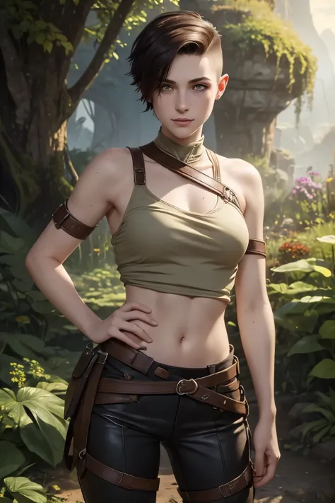 Fantasy Setting: A happy young female adventurer with very short dark-brown undercut. Shaved sides. Tomboyish. Androgynous. Slim. Wide hips. Long thick legs. Extremly pale skin with liverspots. A narrow soft face. Round chin. Curved lips. A long and wide n...