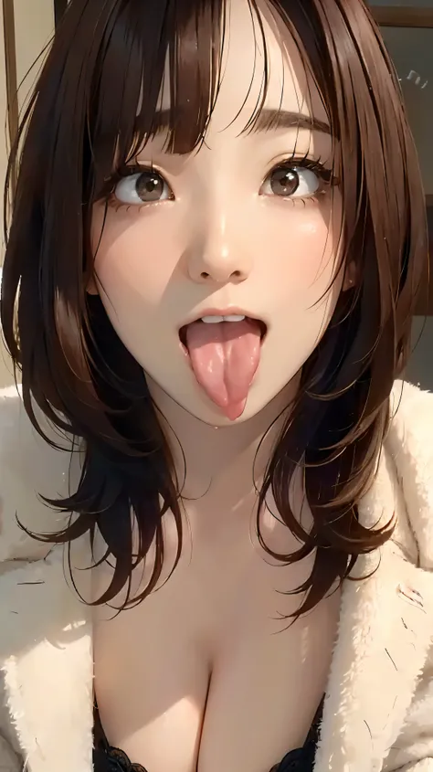 Realistic, masterpiece, Highest quality, Highest quality, (One Japanese woman:1.5), (Close up on face, Sticking out a long tongue:1.5), beautiful girl, Smiling happily, Dark Eyes, With lots of eyelashes, (Brown Hair, Bob Hair:1.3), (Cleavage:1.3), (Stand u...