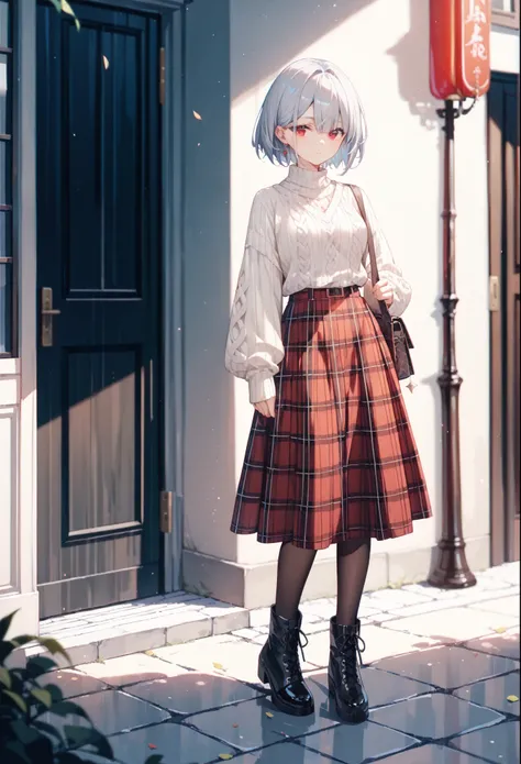 1girl, Alone,silver hair, red eyes, short hair,sweater,((plaid long skirt)),long skirt,black boots,