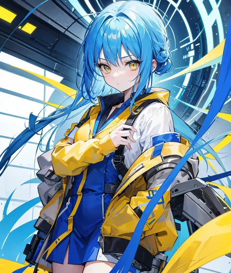 Picture of a girl with blue hair and yellow eyes looking at me expressionlessly while wearing a lab suit