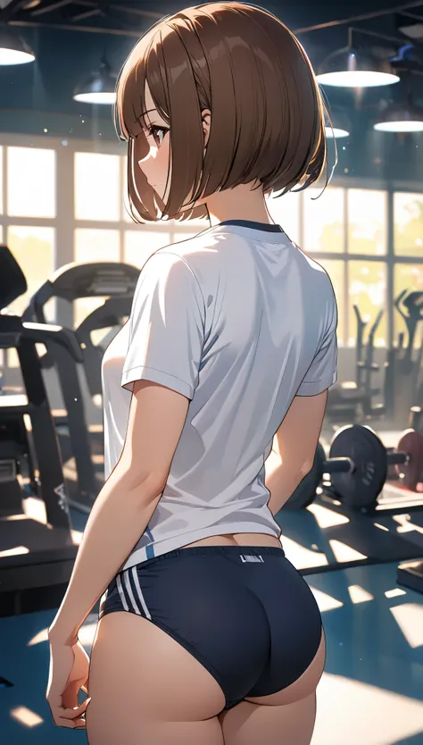 1 girl , (brown hair,  bob cut), butt:1.2, rear view, (school-designated sports, buruma, white round neck shirt , workout underw...