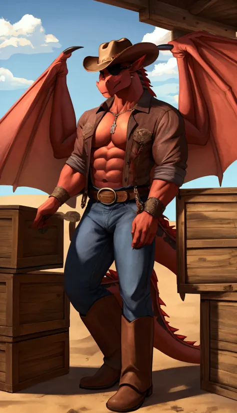 NSFU, Western dragon, wing, cowboy, eye patch, cowboy hat, muscular, crates 