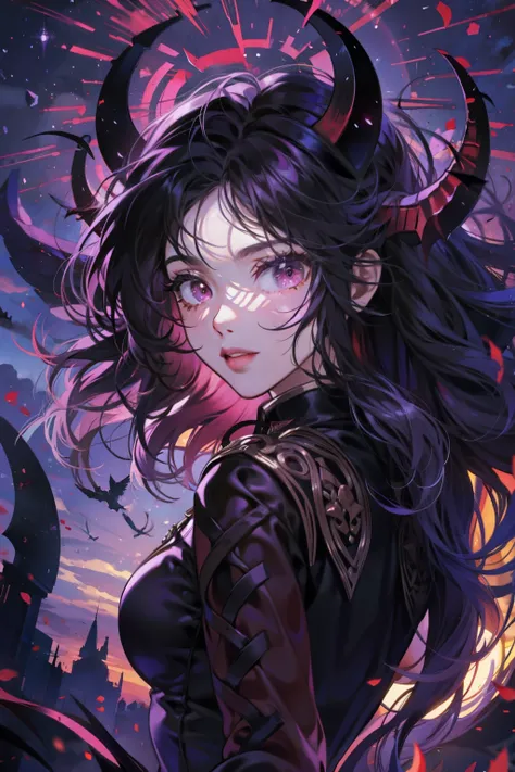  In the background, a succubus is flying in the purple-red blazing sky.， extra long black hair， purple eye ，There are horns on the head ，Demon Wings ，black dress