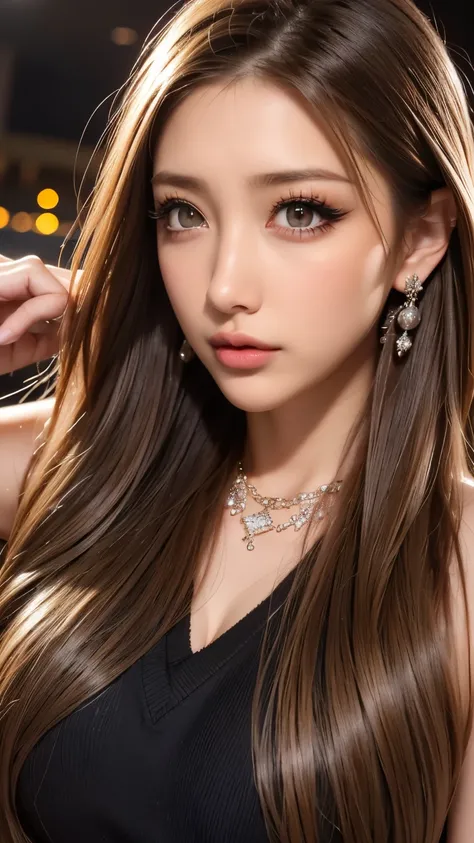 (       、  Best Quality  、8k、16k、Award-winning works、      Ultra High Definition   )、Beautiful woman、(     Show off your perfect body with a black sweater   , Sexy Breasts:1.1)、Perfect big 、(blonde:1.1)、  Bright Colored Contact Lenses  、Perfect gal makeup、...