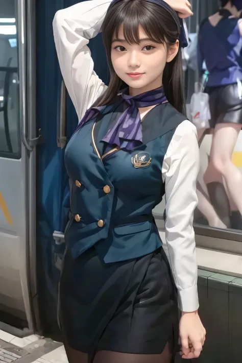 (masterpiece:1.2, Best Quality:1.2), 32kHDR,  kampala, (Alone、  1 girl)、（What is 、 Professional Lighting）、In-flight background、（Nankai Train crew uniformを着たリアルなスタイル）、（（  Nankai Train Crew Uniform Collarless Blouse Long Sleeve 、Black Curly Culotte Skirt 、Sc...