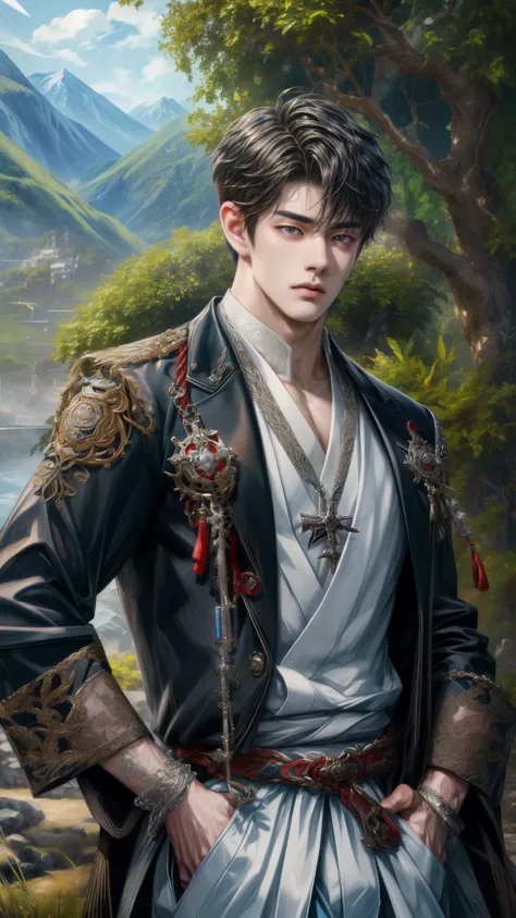 (absurdres, highres, ultra detailed, HDR), masterpiece, Intricate details,best quality picture of a character from Genshin Impact, manly face handsome teen boy with short Hair anime eyes, intricate details on face, brave look, in a detailed outside paradis...