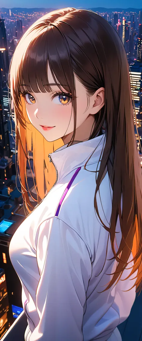 (beautiful girl:1.3),1girl,masterpiece,Highest quality,Ultra-high resolution,rich contrast,super high quality,8k,Highly detailed CG unit wallpaper,texture,Incredibly absurd,Ultra-high resolution,Highest quality anime,professional photograph,an extremely delicate and beautiful,RAW Photos,Depth of Field 1.2,ultra-detailed eyes,Glowing Skin,Beautiful glossy lips,Glitter effect,Straight Hair、Brown Hair,((White Track Jacket＆White sweatpants)), Looks about,Cinema Lighting,great Joy,Big eyes,Perfect Makeup,Ultra-high definition beauty face,Huge building,metropolis,voluptuous,Big, round and beautifully shaped butt,(Standing on the rooftop of a skyscraper in Cyber City),night,Detailed neon lights,sequin,Very smiling,(extreme close-up:1.5)