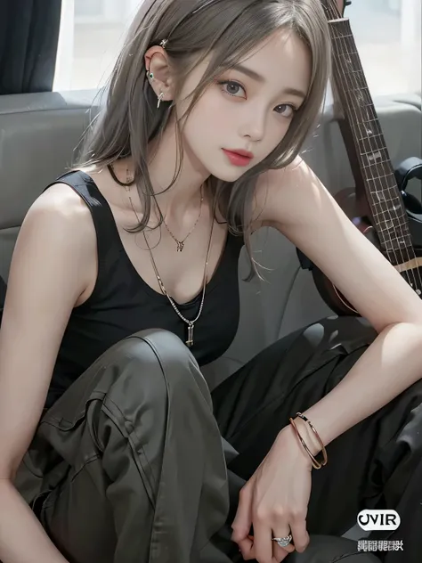 hyperrealistic, 8k, masterpiece, best quality, 1girl, jewelry, headphones, solo, headphones_around_neck, ring, tank_top, guitar, looking_at_viewer, piercing, black_tank_top, instrument, sitting, ear_piercing, necklace, grey_hair, bracelet, earrings, pants,...