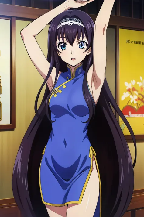 1 girl, cute, black hair, long hair, open mouth, standing, (raising one thigh up),  stretching one arm, in a blue chinese dress,...