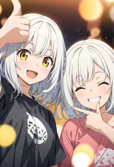 Two Girls, twins, masterpiece, Highest quality, Highly detailed CG Unity 8k wallpaper, High School Girl Anime Illustration. Wear an oversized t-shirt and oversized pants、Make a finger gun gesture to the audience, she has her eyes closed and mouth open, smi...