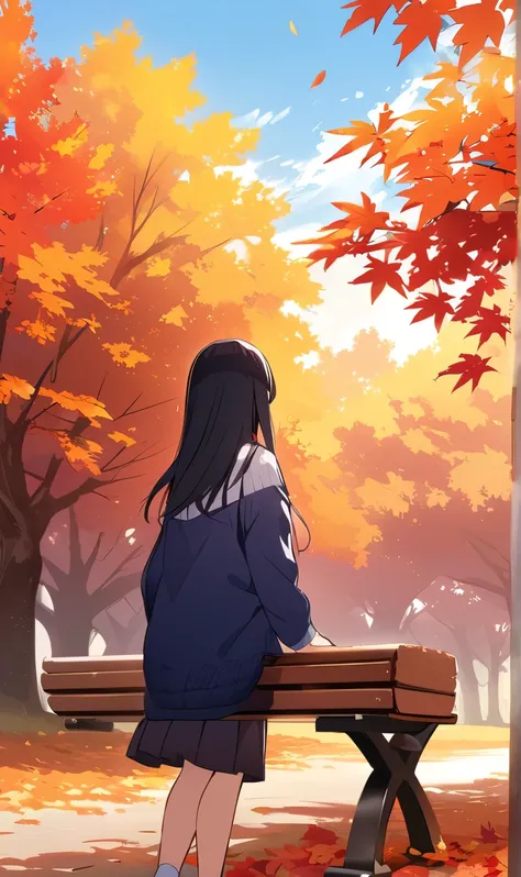 masterpiece、Best Quality、 High Definition CG Unity 8K Wallpaper 、  High School Girl Anime Illustration  。  1 girl、Alone、Great hands、Perfect hands、 Black Hair 、 straight hair、Autumn Clothes、 she is wearing a knitted sweater ,  The landscape is filled with c...