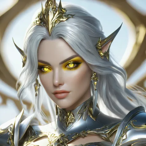 Aasimar female silver hair with yellow/white eyes and a paladin masterpiece, best quality, hyper detailed, HD Full Art