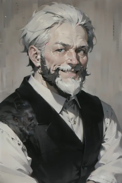 old man, gray hair, черная длинная beard,  a white shirt , black vest , beard, smiles, shoulder portrait ,  half-turned portrait