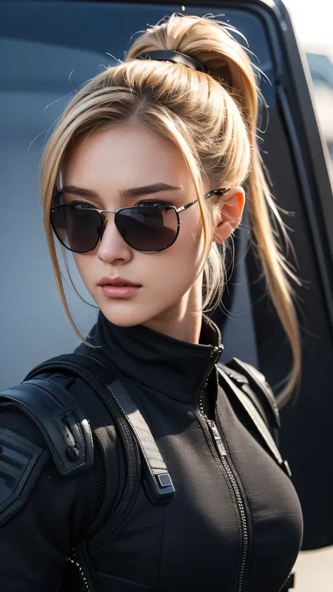 blonde pony tail hair, beautiful woman, pro lighting, photorealistic, Realistic face details, complicated details, 8k, ultra high details, dynamic camera angle, hips up, sunglasses, swat gear, armor vest,