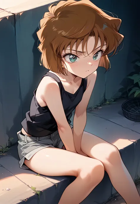 masterpiece, high resolution on down,best quality,8k ( detective conan ,haibara ai) ( girl,, flat chest,short,brown hair, short ...