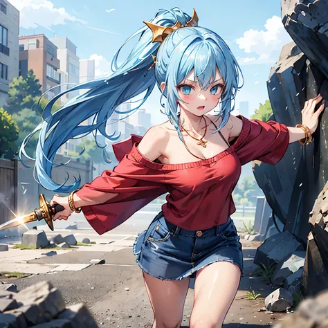  anime moe art style ,Best Quality, high resolution on down, anatomically correct,Mid-teens, one girl playing pranks,Super detailed, shiny skin,Beautiful Skin,Big Breasts,A rich expression, girl with light blue hair in a ponytail, serious expressions, Figh...