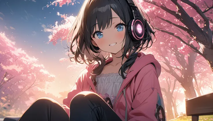 ((ultra-detailed))/(one women with short black hair and bob hair.、beautiful blue eyes,.、smile、gentle smile on her face、flat chest, one Beautiful girl,((masterpiece, illustration, best quality) ((ultra-detailed))/)Masterpiece,wearing headphones and sitting ...