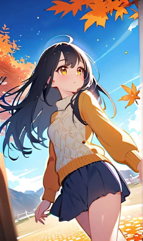 masterpiece、Best Quality、 High Definition CG Unity 8K Wallpaper 、  High School Girl Anime Illustration  。  1 girl、alone、Great hands、Perfect hands、 Black Hair 、 straight hair、Autumn Clothes、 she is wearing a knitted sweater ,  Short skirt、The landscape is f...